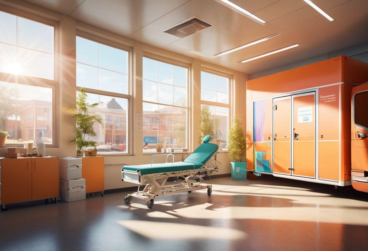 A serene hospital environment showcasing a cancer patient receiving treatment with modern shipping and transport solutions in the background, featuring a delivery van unloading medical supplies. The scene captures hope and recovery with sunlight streaming through windows, highlighting the emotional journey from diagnosis to recovery. Colorful infographics illustrating logistics and transport pathways subtly integrated into the design. super-realistic. vibrant colors. uplifting atmosphere.