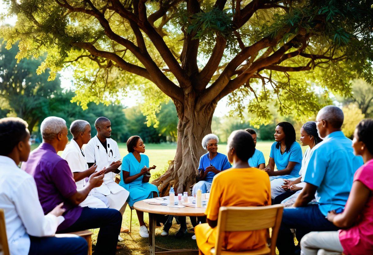 A diverse group of people, including patients, caregivers, and medical professionals, engaged in a supportive circle, sharing experiences with bottles of medication and health pamphlets in hand. Vibrant tree of life in the background symbolizing hope and resilience. Soft, warm lighting to create an inviting atmosphere, showcasing compassion, collaboration, and unity against cancer. super-realistic. vibrant colors. soft focus.