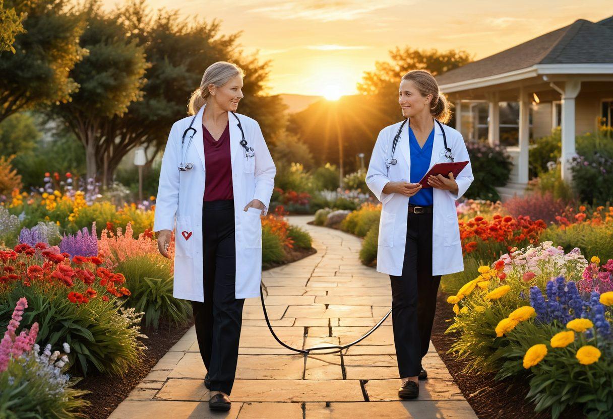 A compassionate healthcare provider guiding a patient through a serene pathway lined with vibrant flowers and supportive symbols like a stethoscope, heart, and care guides. In the background, a warm sunset casts a golden glow over a peaceful landscape, symbolizing hope and healing in the cancer journey. The overall atmosphere conveys a sense of support and community. super-realistic. warm colors. 3D.